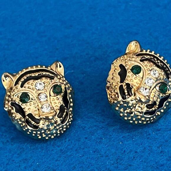 Lovely Lion Goldtone, Black Enamel and Rhinestone Pierced Earrings - Picture 1 of 5